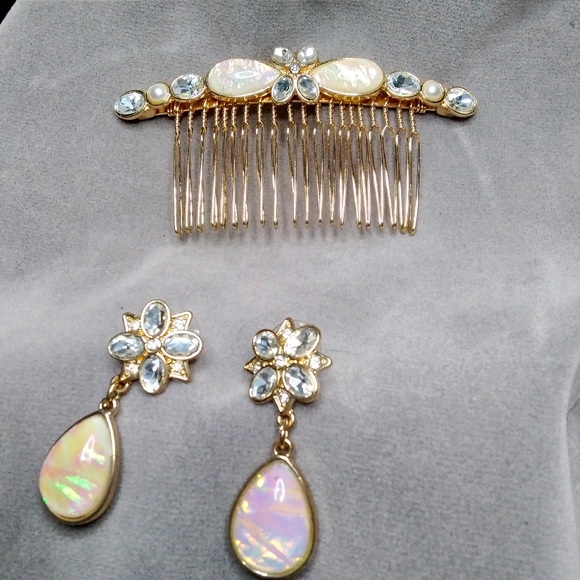 Gold opal hair comb teardrop earring jewelry set - Picture 2 of 12